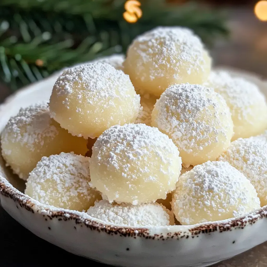 A dish of small, powdered sugar-dusted treats sitting in a bowl, surrounded by a festive setup.