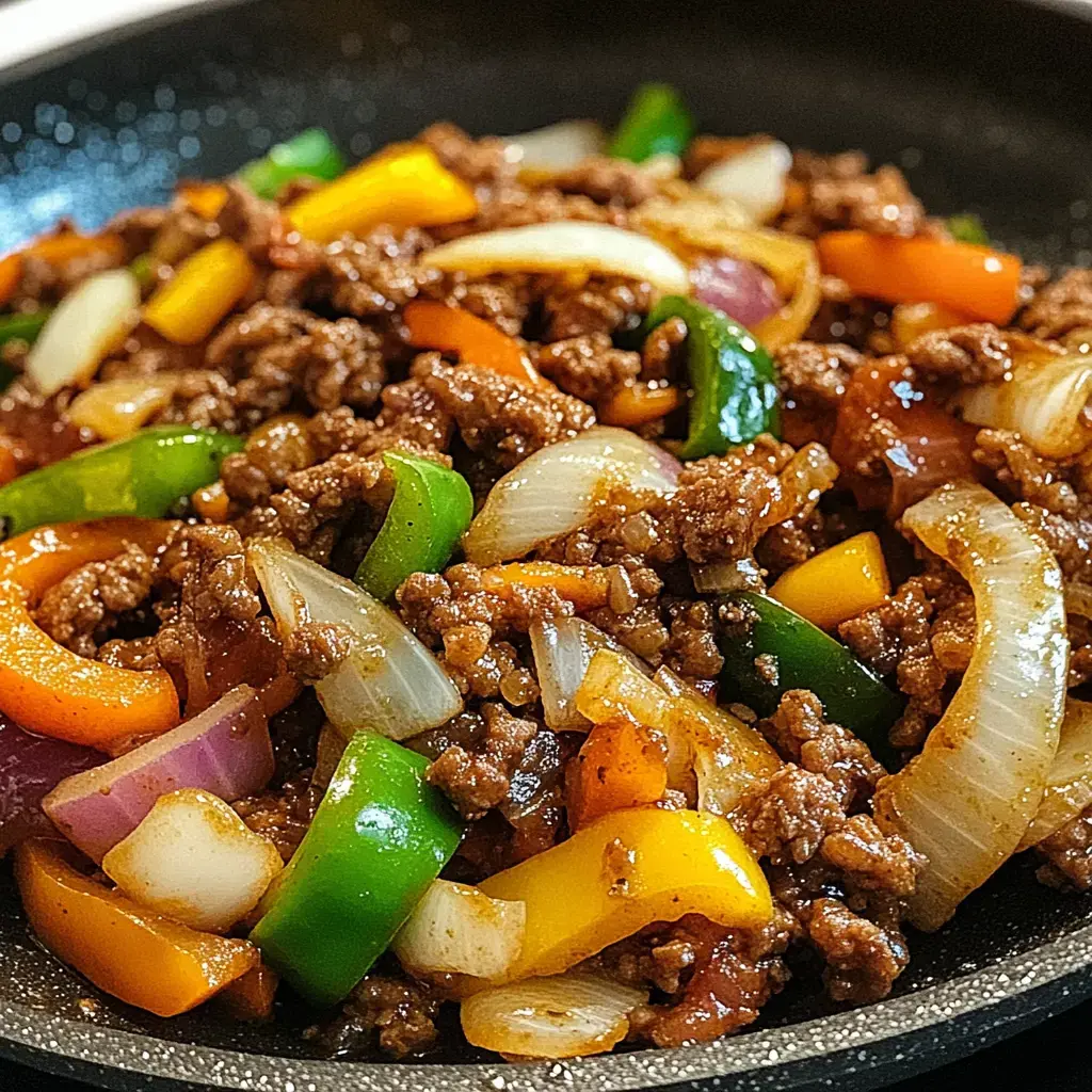 A vibrant close-up showing ground beef stir-fried with vegetables and spices.