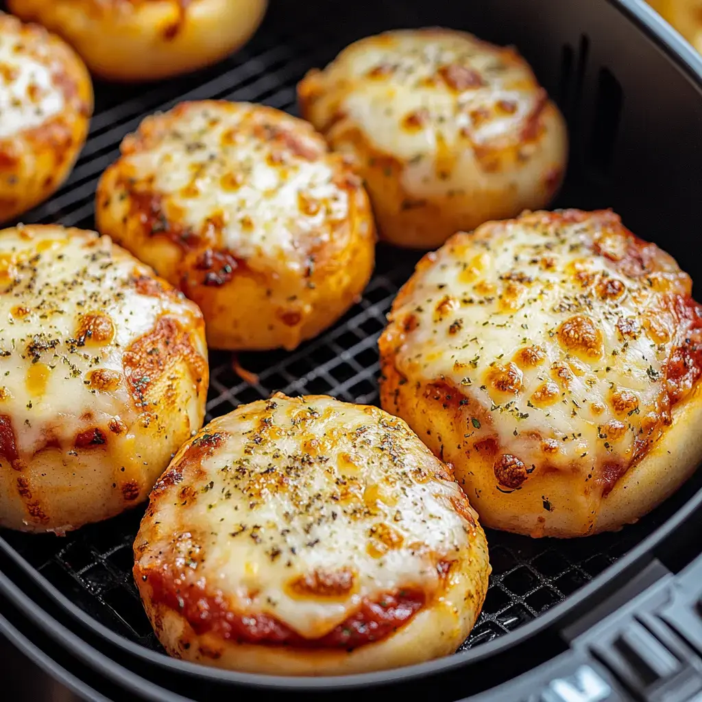 Close up of small cheesy pockets inside an air fryer basket, sprinkled with herbs.
