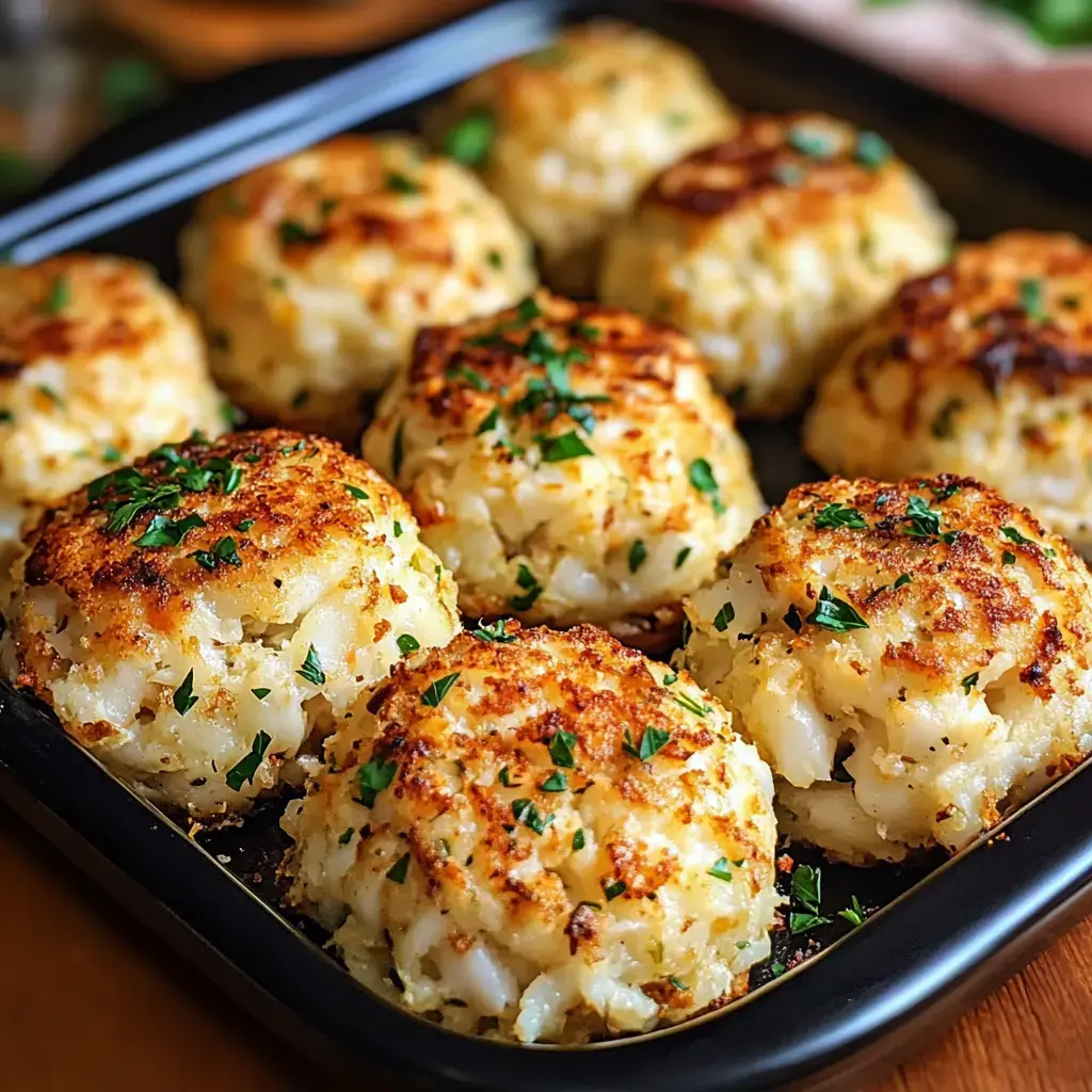 Close-up of golden, crunchy crab balls sprinkled with parsley on a dark platter.