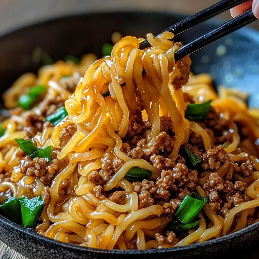 Close-up of noodles with ground beef and green onions, with chopsticks lifting a portion.