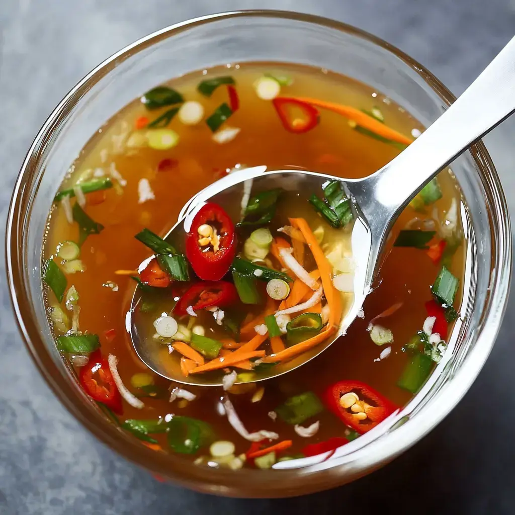 A clear bowl filled with tangy sauce, decorated with red chili slices, shredded carrots, and green onions, paired with a metal spoon.
