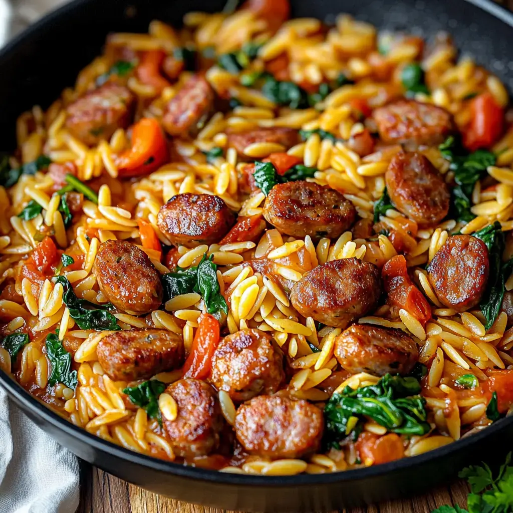 Close-up of orzo pasta with sausage and peppers in a skillet.
