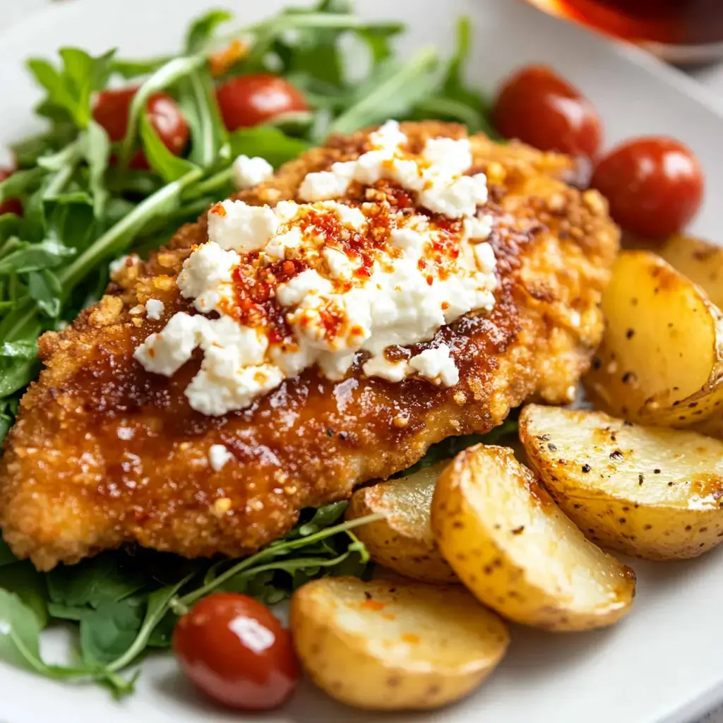 Crunchy chicken breast topped with cheese crumbs and spices, served with roasted potatoes and a fresh salad of greens and tomatoes.