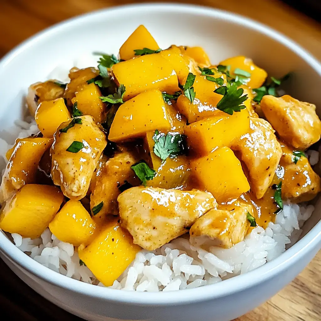 A delicious serving of mango chicken curry atop fluffy rice with fresh cilantro garnish.