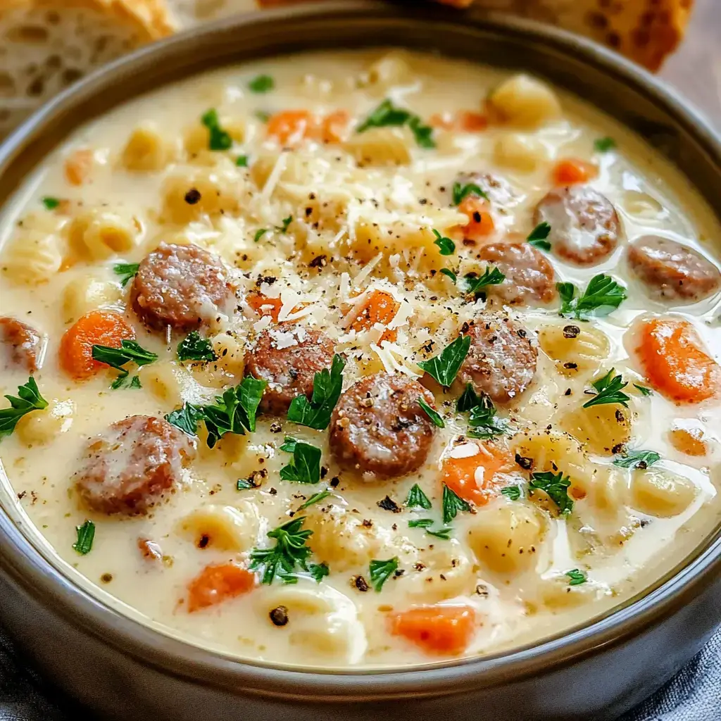 A bright bowl of creamy soup with sausage pieces, pasta, carrots, parsley, and grated cheese on top.