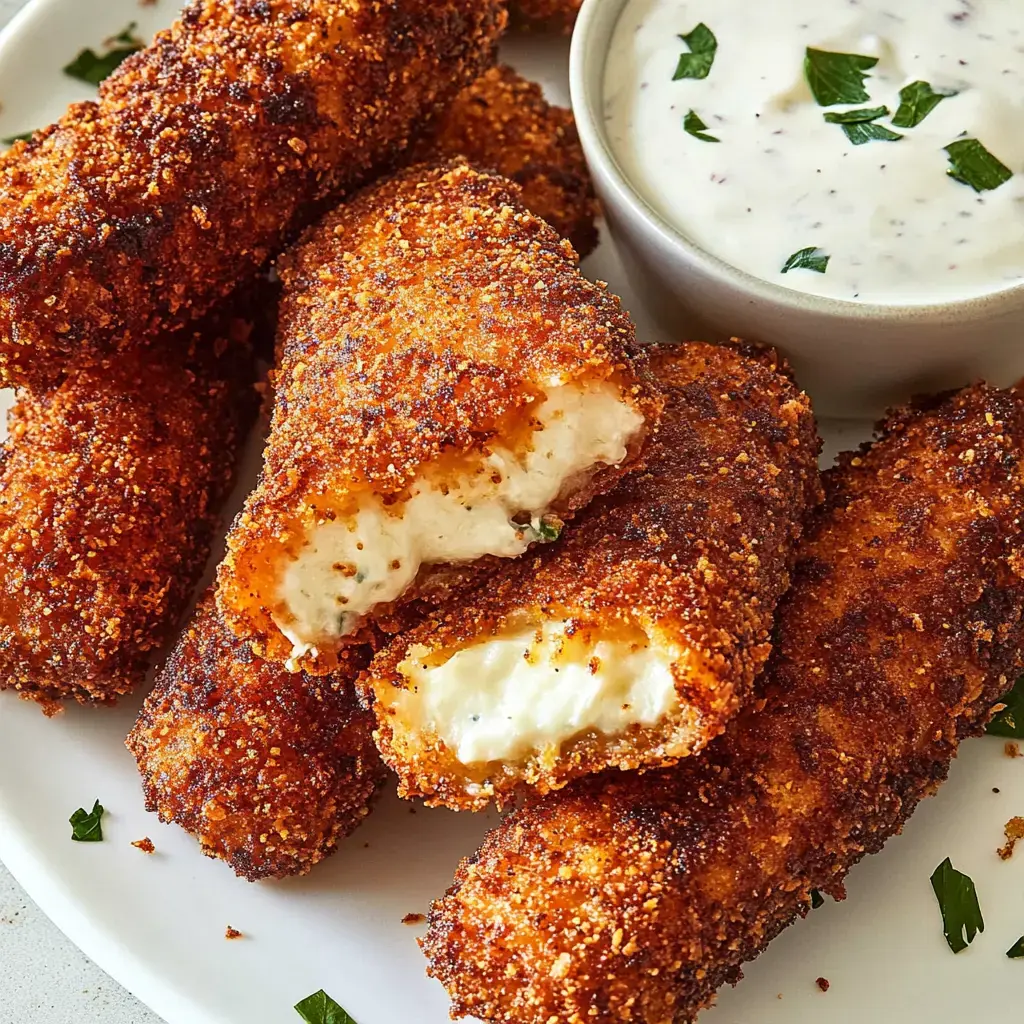 Crispy fried cheese sticks with melted insides, served with dipping sauce to the side.