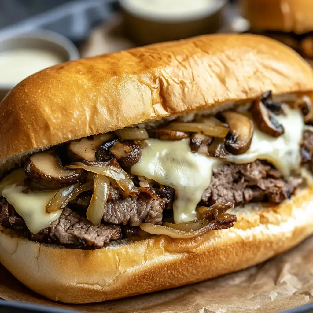 Close view of a sandwich filled with ribeye steak, mushrooms, onions, and melted cheese on a hoagie roll.
