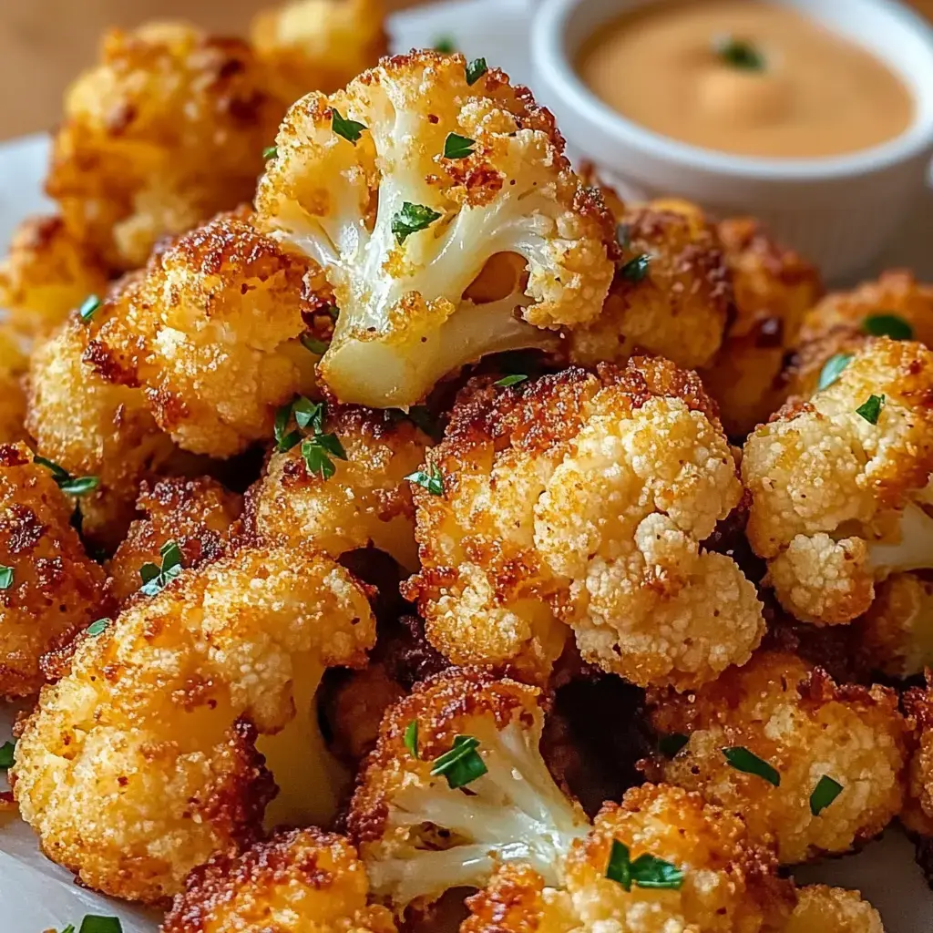Golden cauliflower bites with fresh parsley and a small dipping sauce bowl on the side.