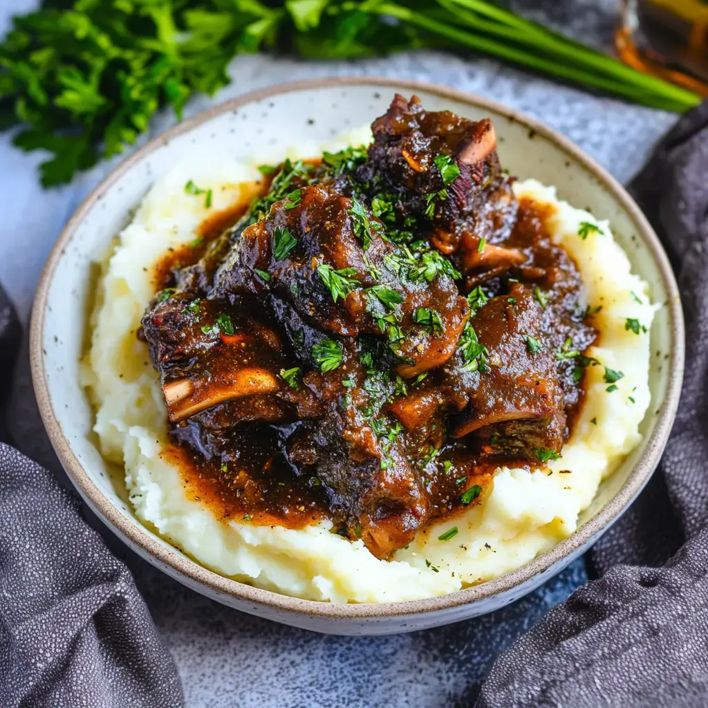A bowl of creamy mashed potatoes topped with soft braised oxtail in a rich sauce, sprinkled with fresh parsley.