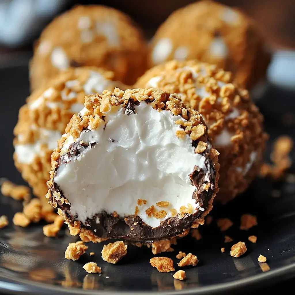 Close-up of a halved chocolate-covered dessert ball revealing fluffy marshmallow inside, surrounded by graham cracker crumbs on a dark plate.