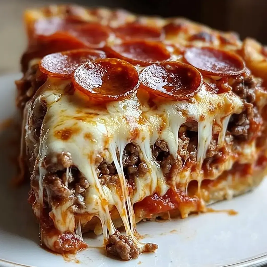 A cheesy slice of meaty pizza pie with gooey cheese pulling apart.