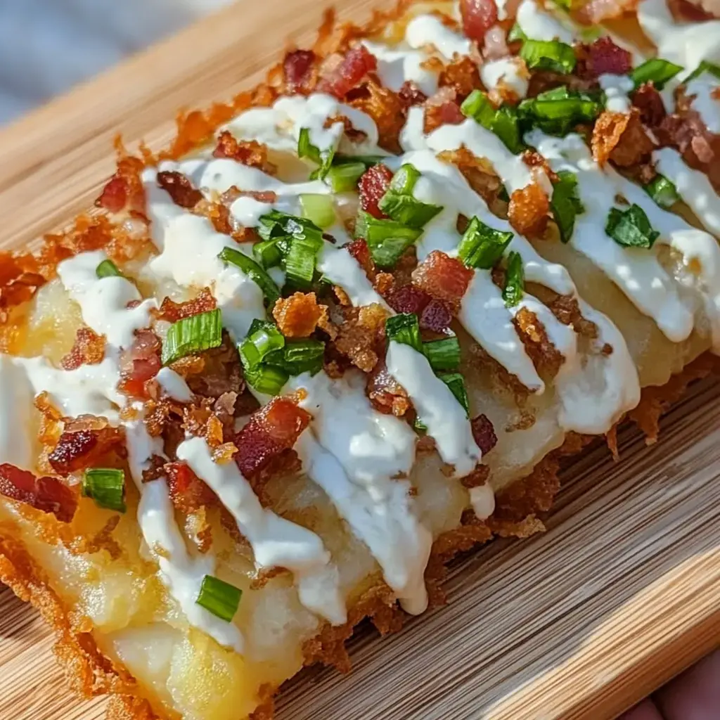 Golden, crispy potato dish loaded with bacon, fresh green onion, and a drizzle of creamy topping on a wooden plate.