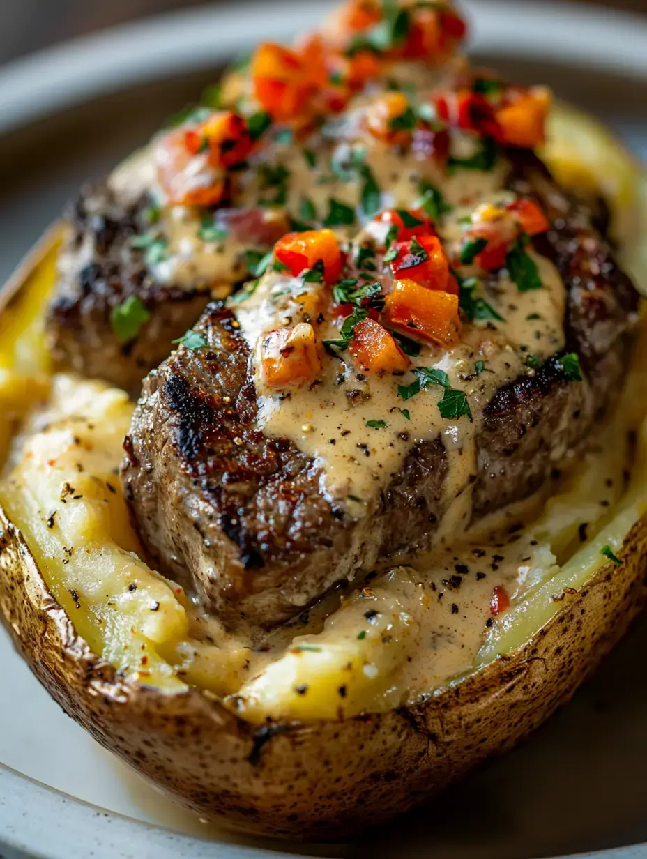 A baked potato is filled with creamy mashed potato and topped with a grilled steak, garnished with diced tomatoes and herbs.