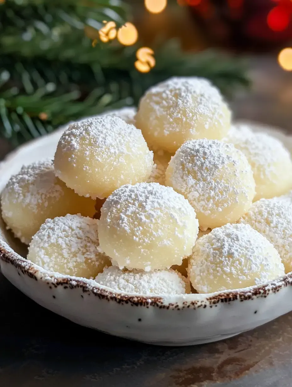 A plate of round, powdered sugar-coated dessert balls sits against a softly lit background with festive decorations.