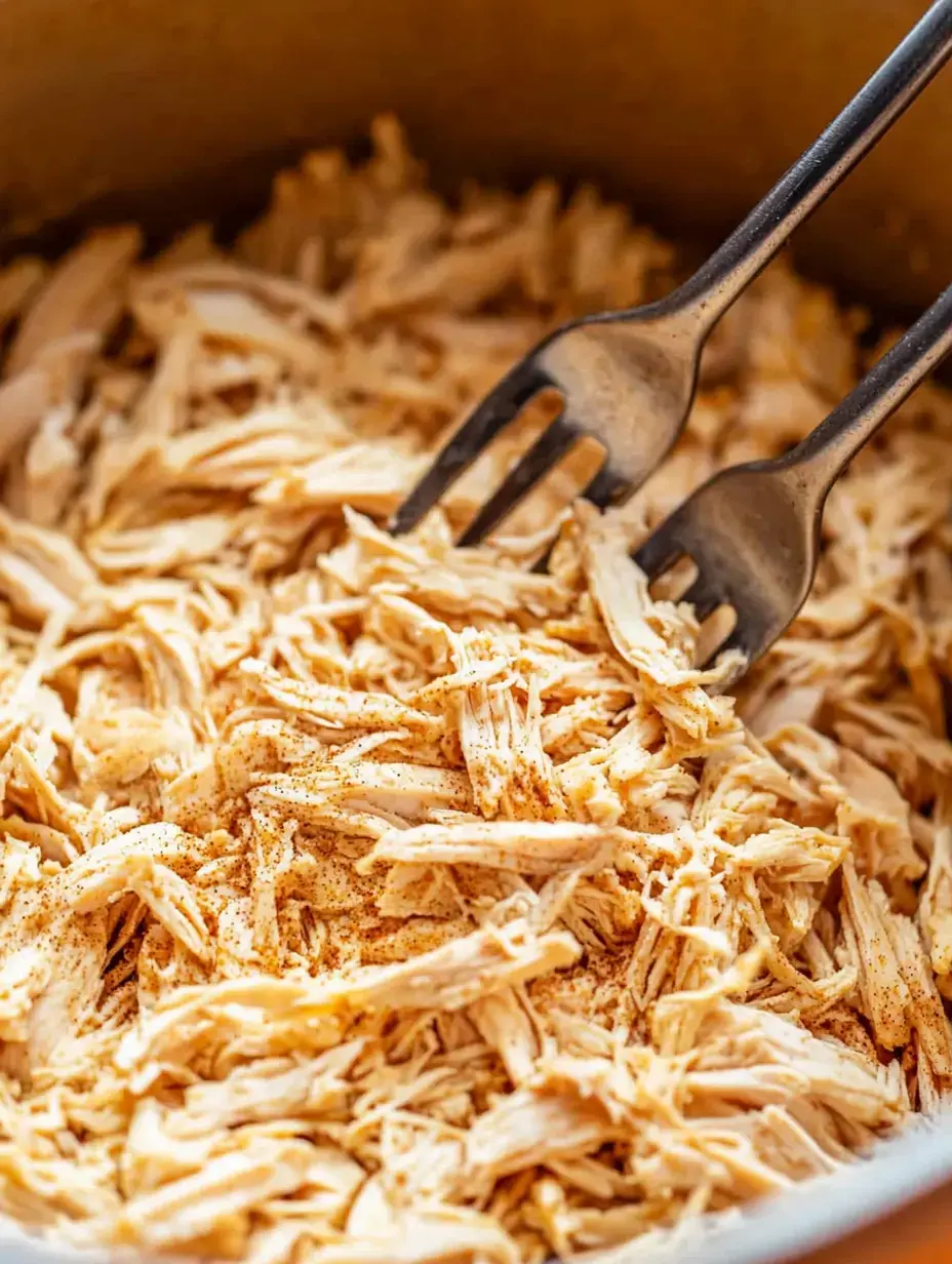 Shredded chicken seasoned with spices is seen in a pot, with two forks for mixing.