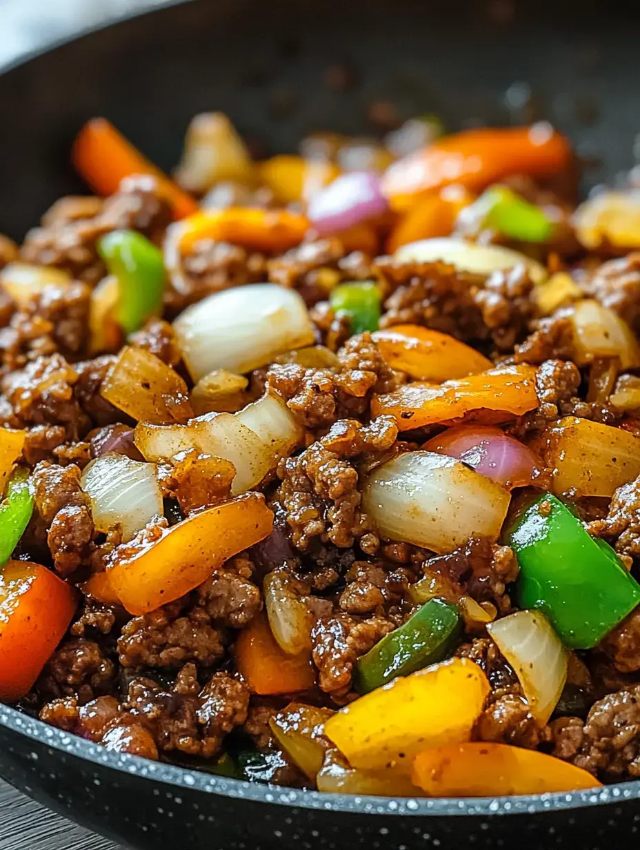 A close-up view of a skillet filled with sautéed ground beef mixed with colorful bell peppers and onions.