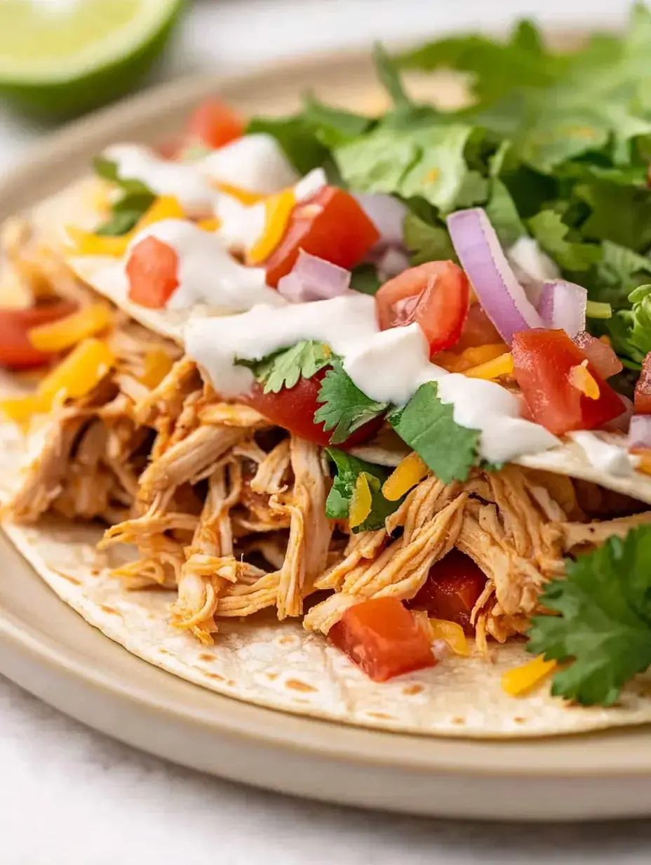 A close-up of a tortilla filled with shredded chicken, diced tomatoes, shredded cheese, cilantro, red onion, and drizzled with sour cream.
