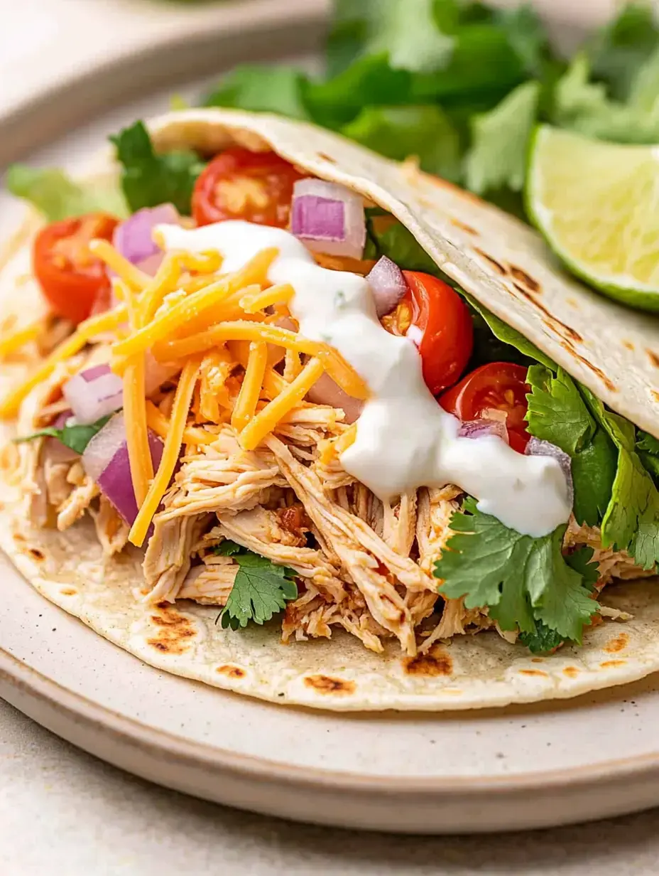 A close-up of a tortilla filled with shredded chicken, cheese, tomatoes, red onions, cilantro, and a drizzle of sauce, served with lime wedges on the side.
