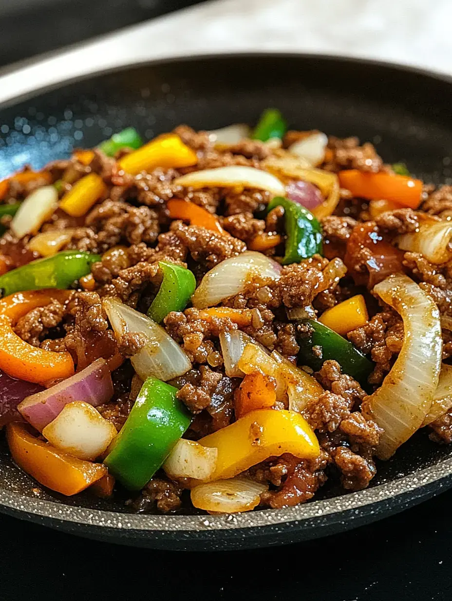 A skillet filled with sautéed ground meat, mixed with colorful bell peppers and onions.