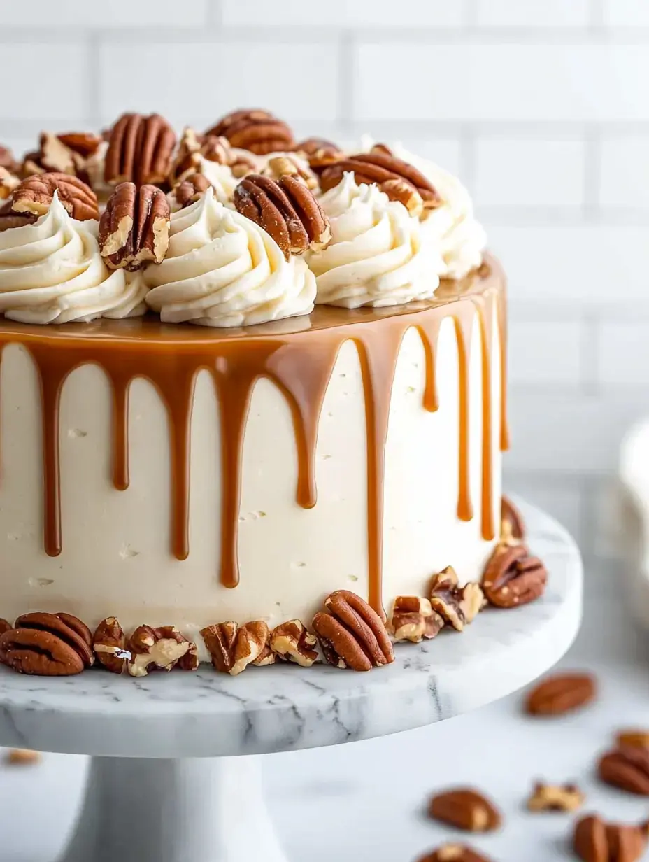 A beautifully decorated cake topped with caramel drizzle, swirls of frosting, and pecan halves, displayed on a marble cake stand.