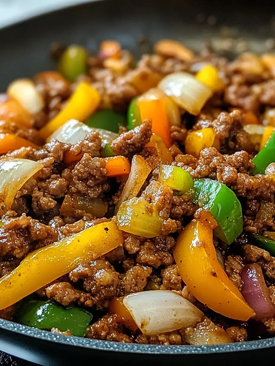 A skillet filled with sautéed ground meat mixed with colorful bell peppers and onions.