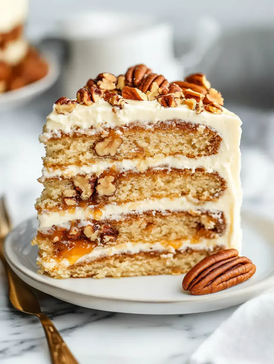 A slice of layered cake with cream frosting, filled with caramel and topped with chopped pecans, served on a plate.