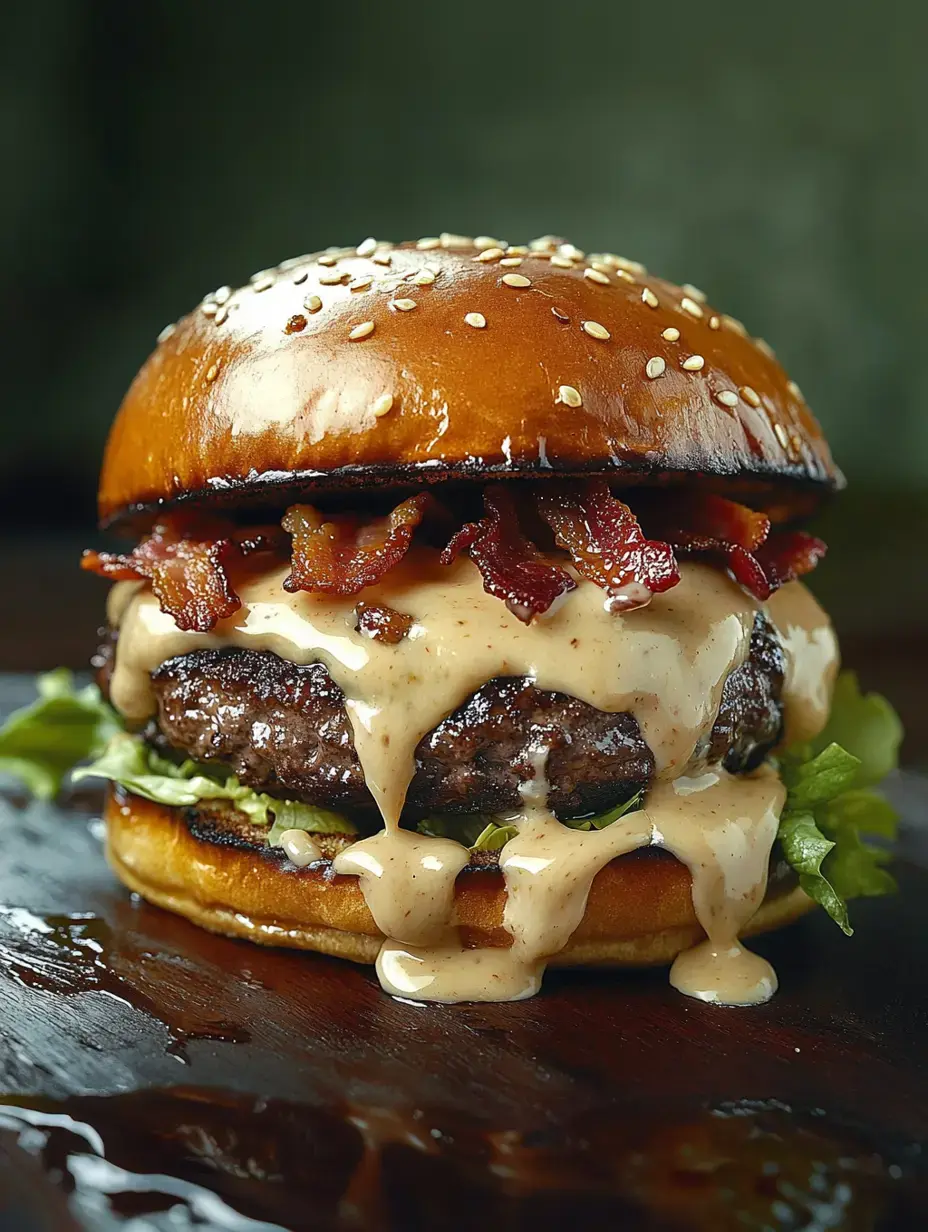 A juicy burger with bacon and creamy sauce, served on a sesame seed bun with lettuce.