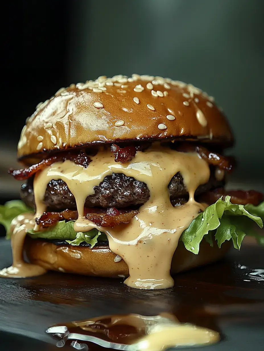 A close-up of a mouthwatering cheeseburger topped with crispy bacon, lettuce, and a creamy sauce, all enclosed in a sesame seed bun.