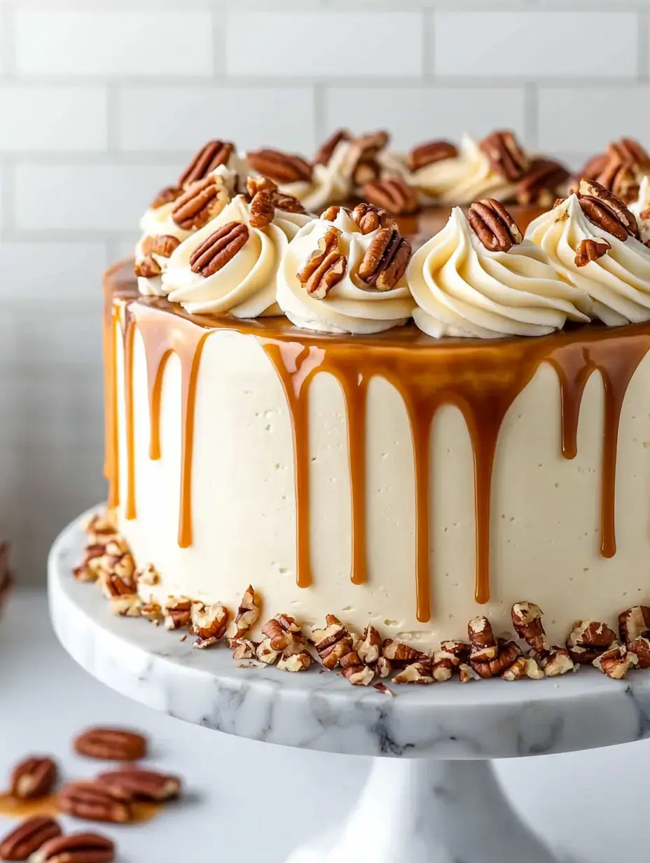 A beautifully decorated cake with caramel drips and whipped cream topped with pecans sits on a marble cake stand.