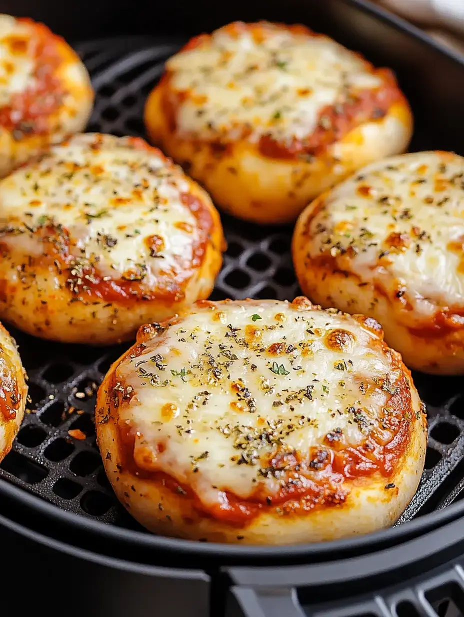 A close-up view of golden-brown mini pizzas topped with melted cheese and sprinkled with herbs, arranged in an air fryer basket.