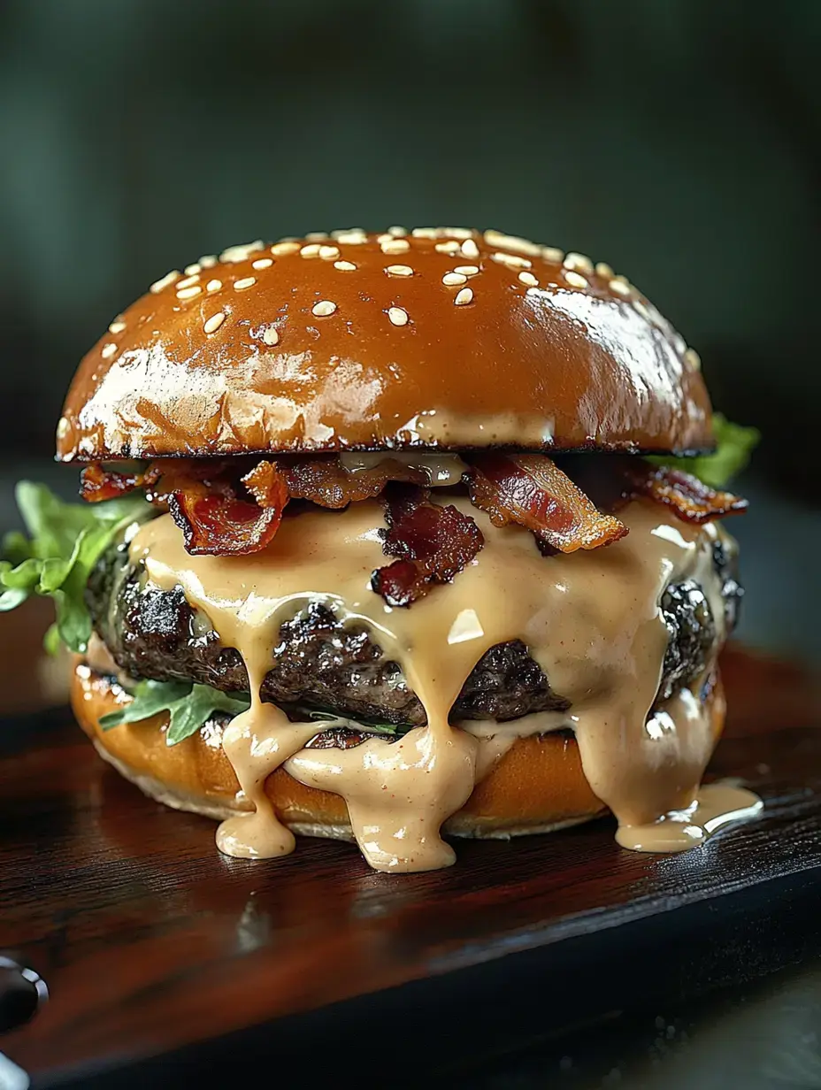 A juicy burger topped with bacon and dripping with a creamy sauce, nestled in a sesame seed bun.