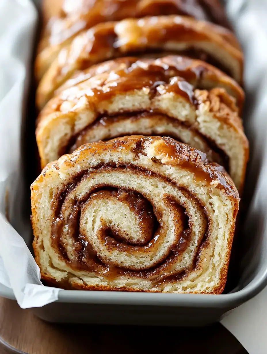 A close-up of a sliced cinnamon roll loaf, showcasing the swirled layers of cinnamon and icing.