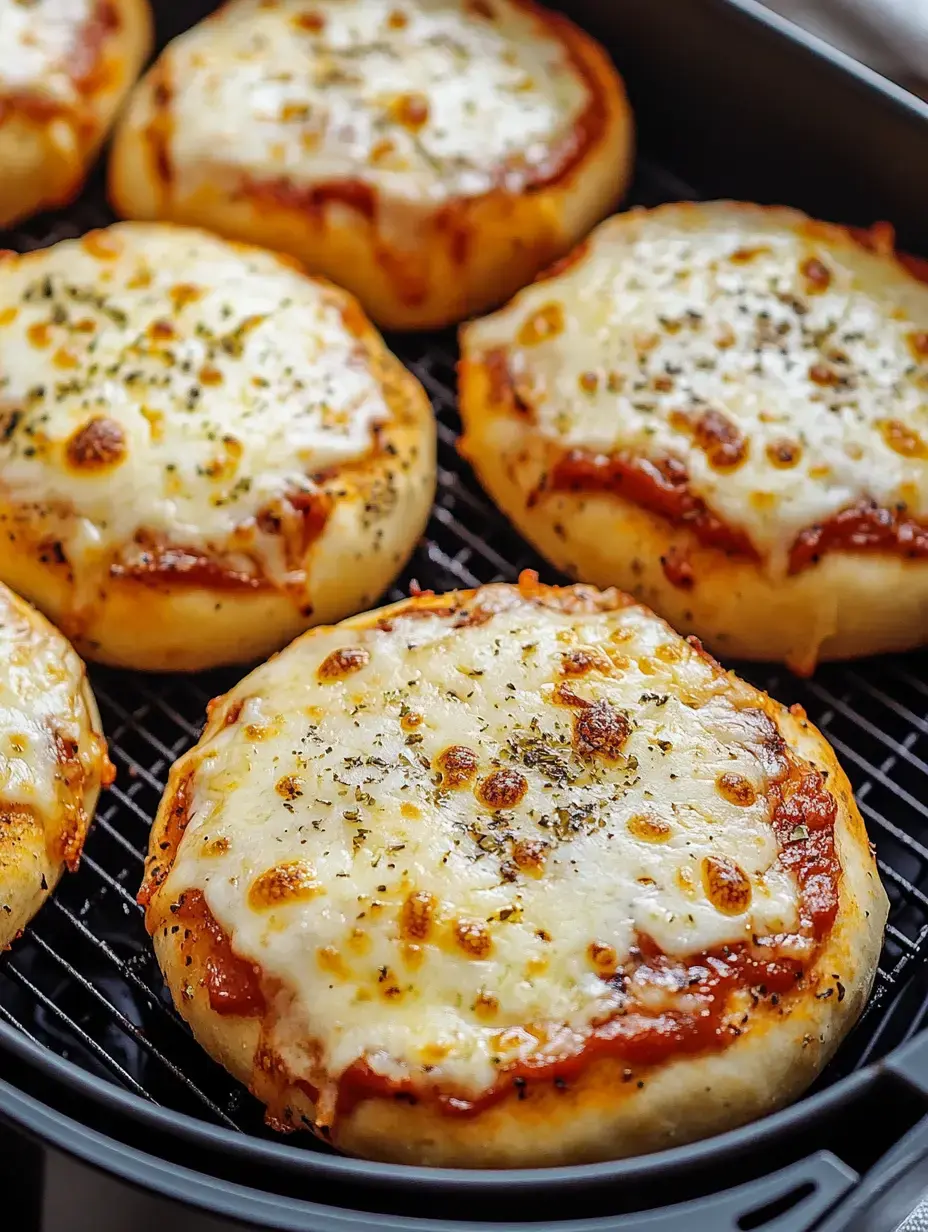 A close-up of several small pizzas topped with melted cheese and herbs, arranged in an air fryer basket.