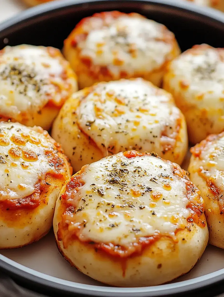 A close-up view of golden-brown mini pizzas topped with melted cheese and herbs on a black plate.