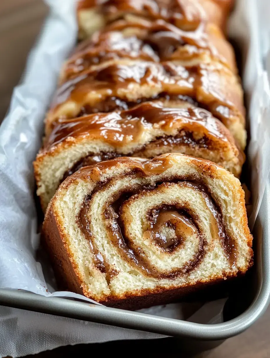 A close-up view of a slice of cinnamon roll bread topped with a glossy icing, arranged neatly in a baking pan.