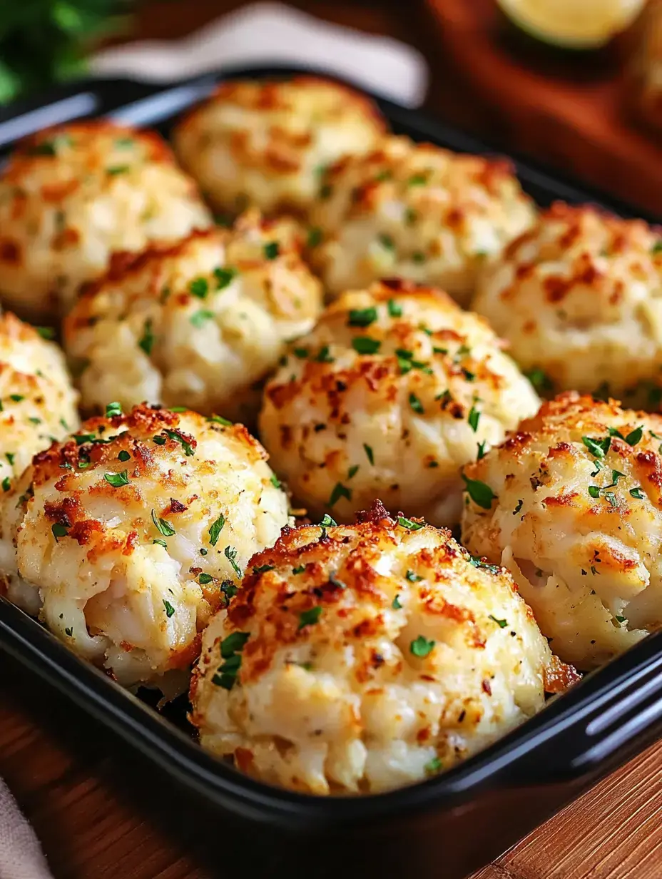 A close-up view of golden-brown, baked crab cakes garnished with parsley in a black serving dish.