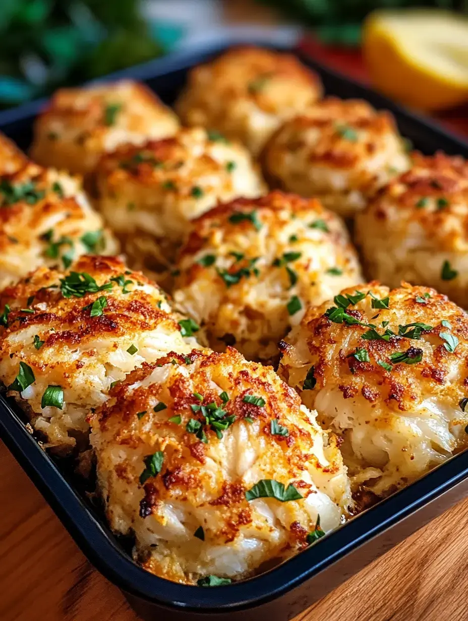 A close-up shot of golden-brown crab cakes topped with chopped parsley, arranged neatly in a black tray.