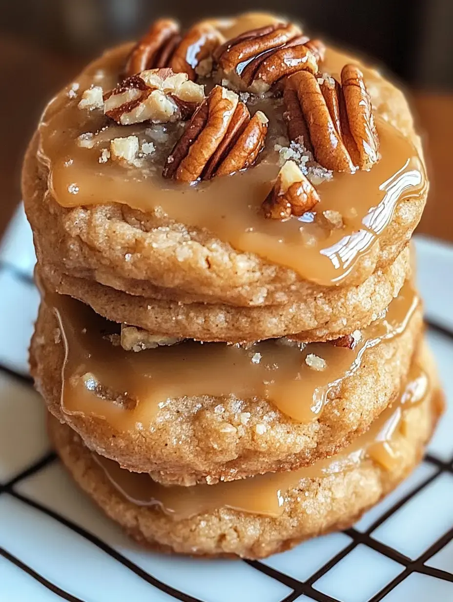 A stack of three cookies topped with a caramel glaze and pecans, served on a plate with a grid pattern.