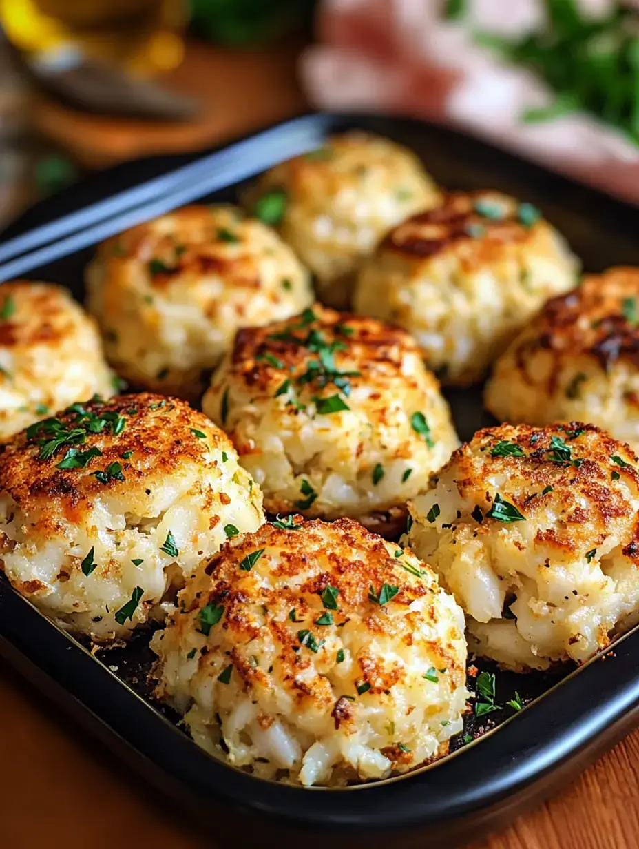 A close-up of golden-brown crab cakes garnished with fresh parsley, arranged neatly on a dark platter.