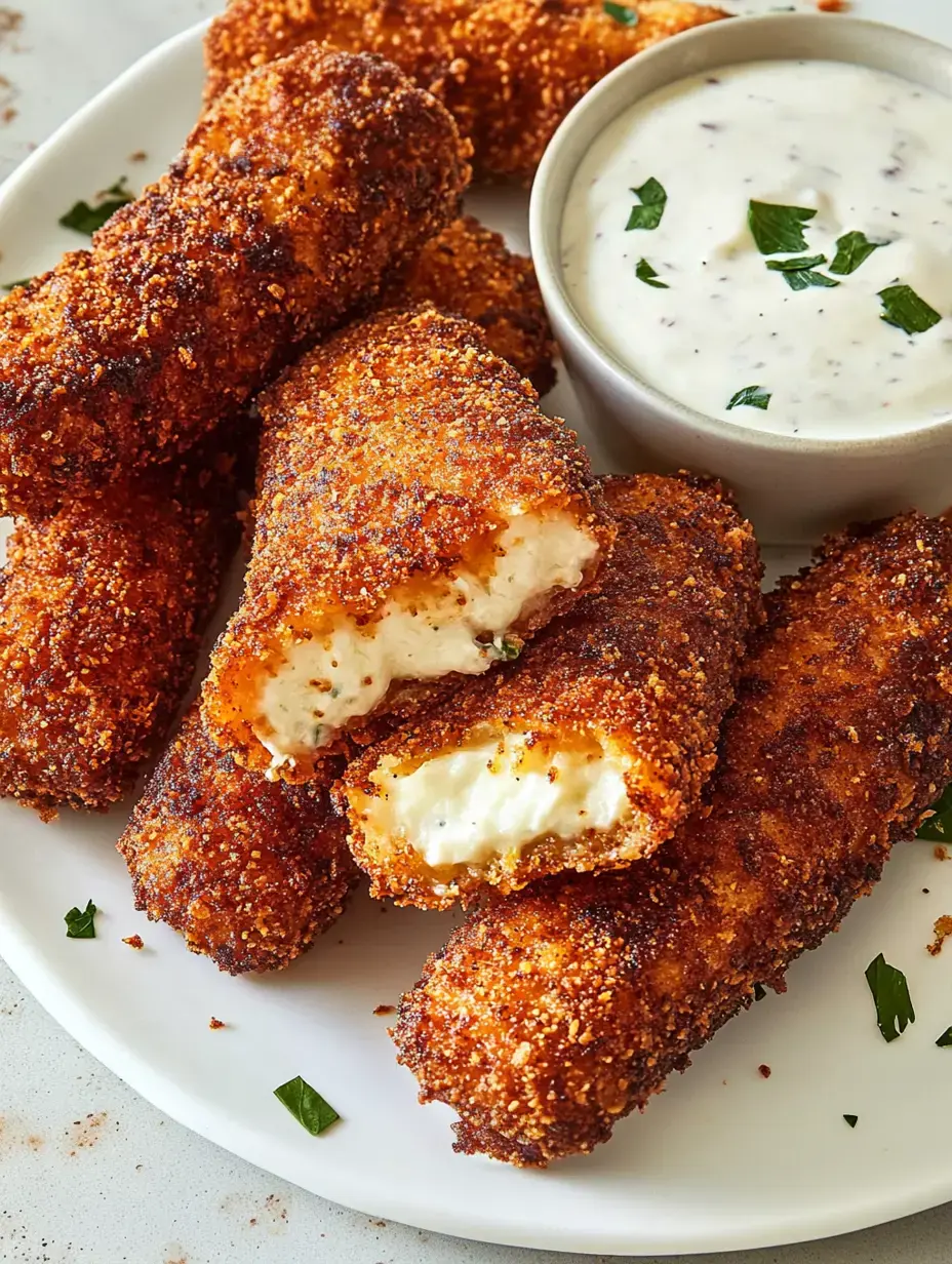 A plate of crispy, golden-brown fried cheese sticks with a creamy dipping sauce on the side.
