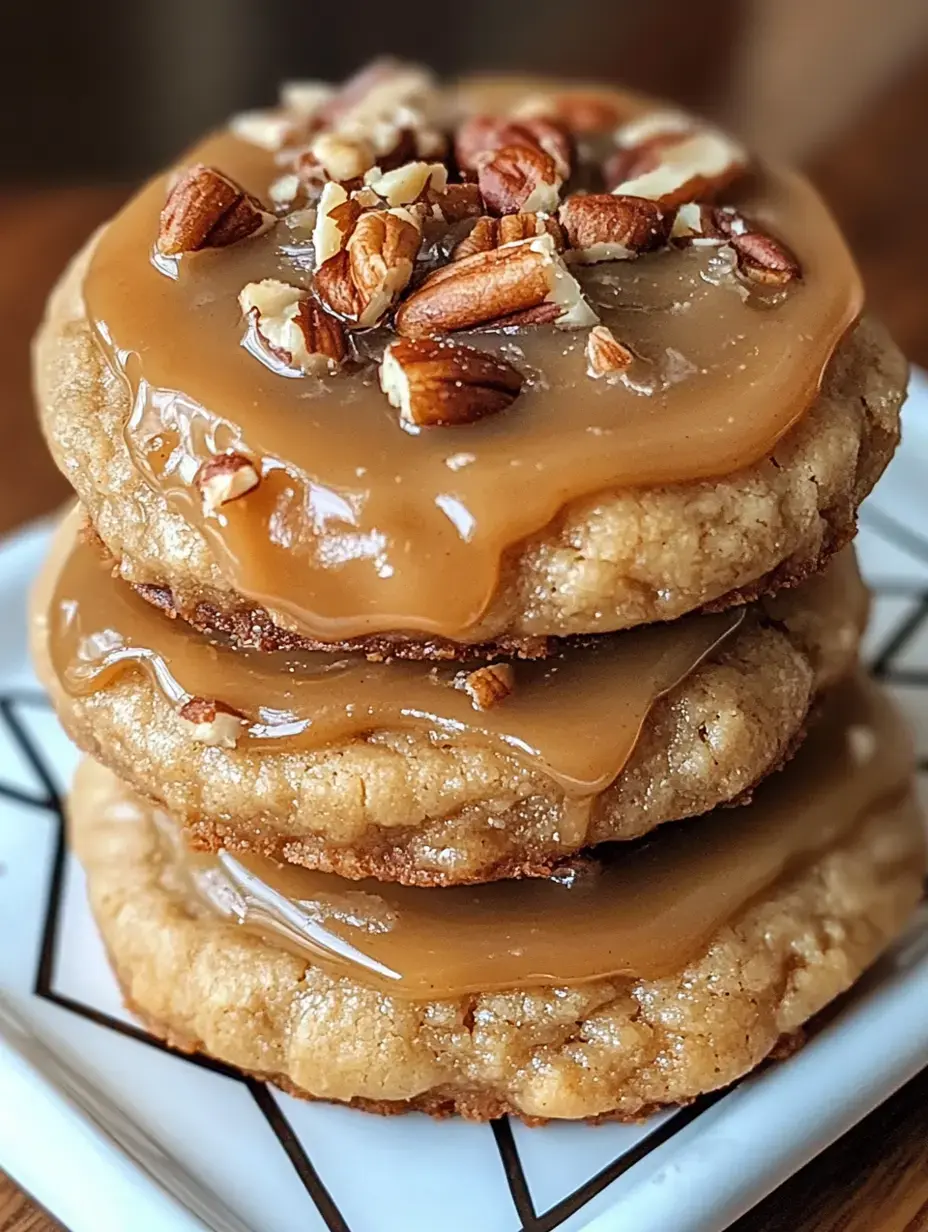 Three stacked cookies topped with caramel glaze and chopped nuts, placed on a decorative plate.