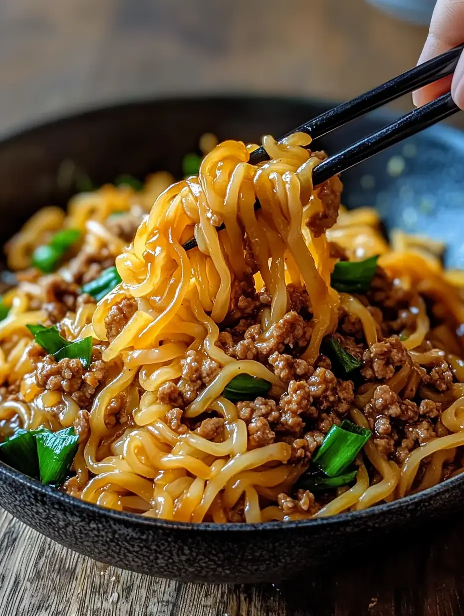 A close-up of a hand using chopsticks to lift strands of beef and noodle stir-fry from a dark bowl filled with golden noodles and green onions.