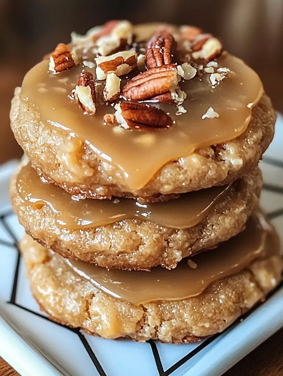 A stack of three cookies topped with a glossy caramel-like sauce and chopped pecans, placed on a decorative plate.