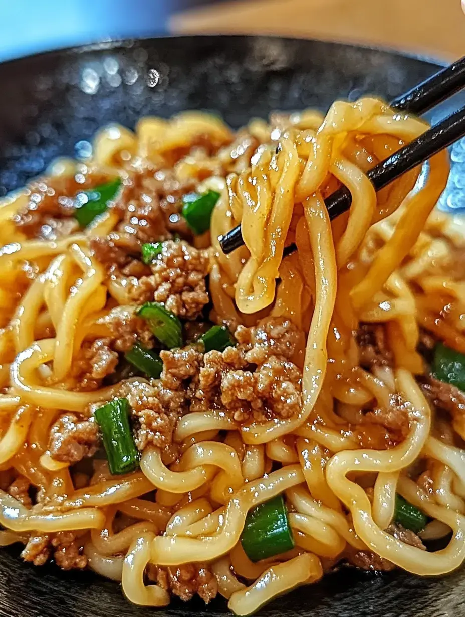 A bowl of noodles tossed with minced meat and green onions, with a pair of chopsticks picking up a portion.