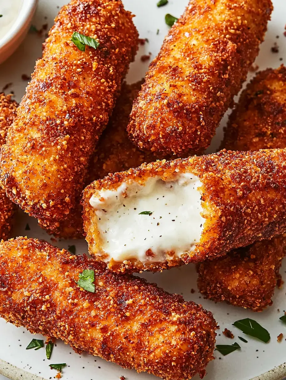 A close-up of crispy, golden-brown fried cheese sticks, one partially bitten to reveal a gooey cheese center, garnished with fresh parsley.