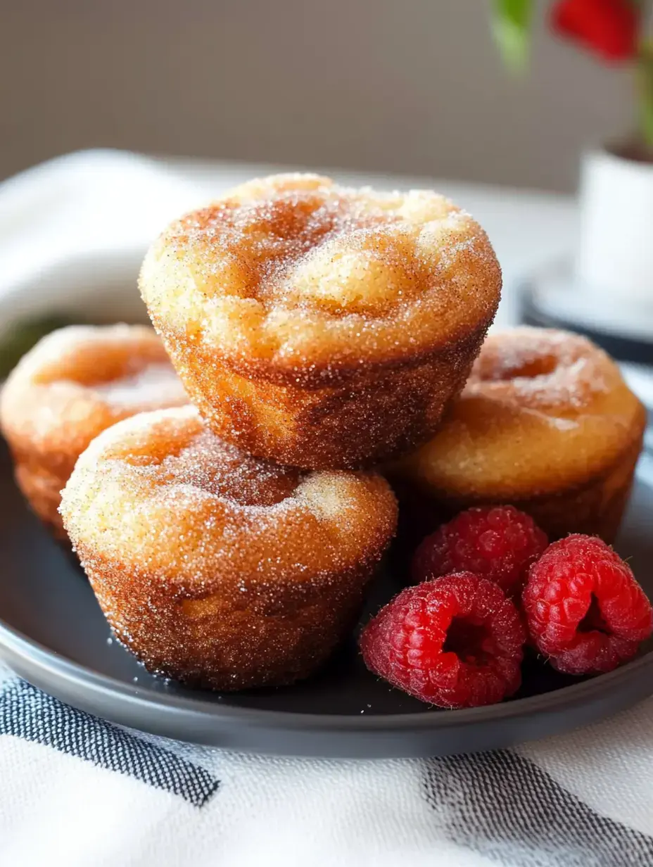 A plate of freshly baked, sugar-coated muffins stacked together, accompanied by a few ripe raspberries.