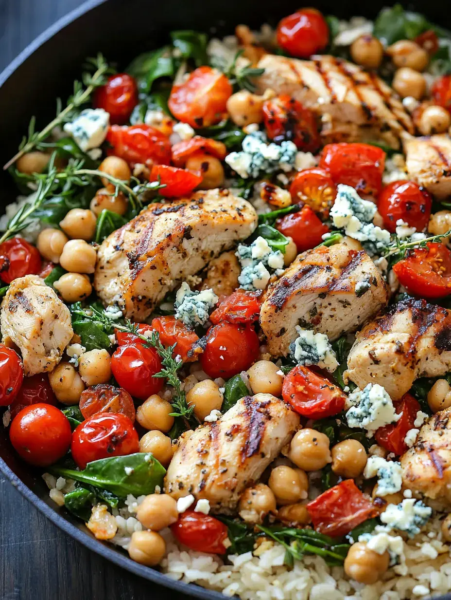 A skillet filled with grilled chicken, cherry tomatoes, chickpeas, spinach, and crumbled blue cheese, served over a bed of rice.
