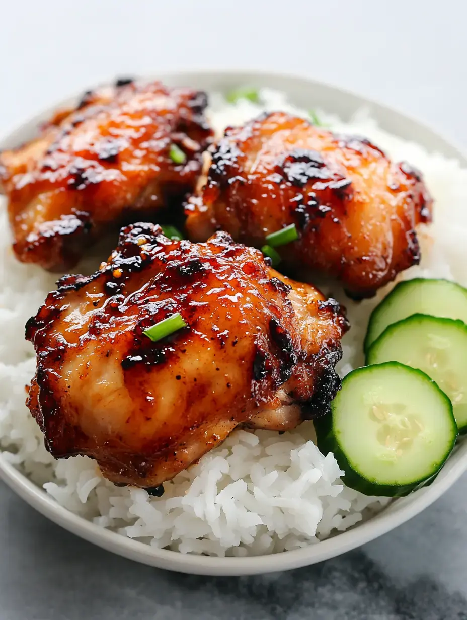 Three sauce-coated chicken thighs on white rice with green onion garnish and cucumber slices on the side.