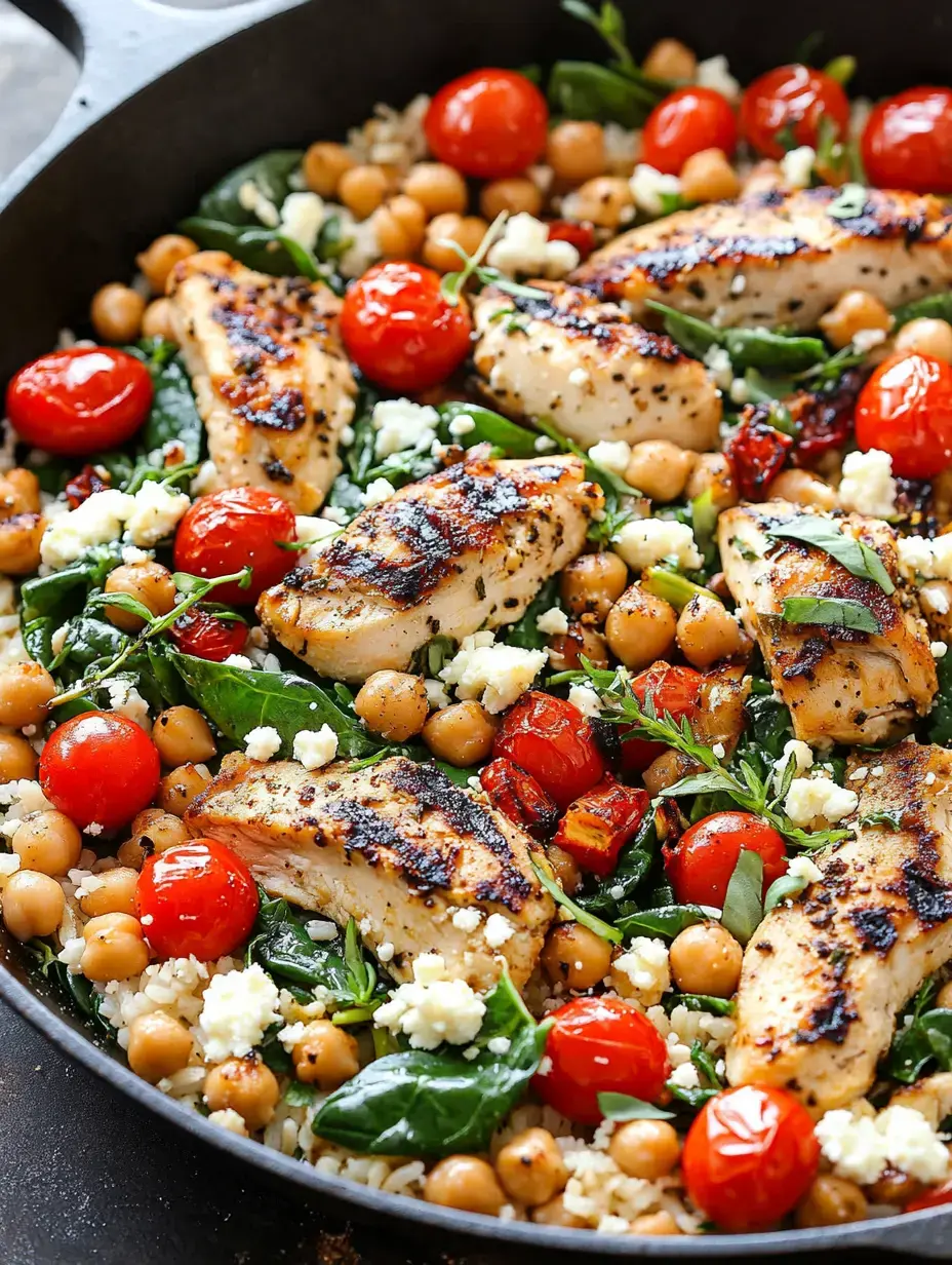 A skillet filled with grilled chicken pieces, chickpeas, cherry tomatoes, spinach, and crumbled feta cheese mixed with rice.